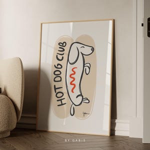 Impresión de Dachshund para pared, impresión de arte de pared, impresión de perro salchicha, impresión de perro salchicha, póster vintage de hot dog, decoración de arte para amantes de los doxies / descarga instantánea