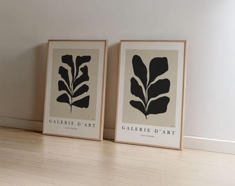 Botanical Wall Art: Black & Beige Minimalist Floral Modern Prints (Set of 2, Instant Download)
