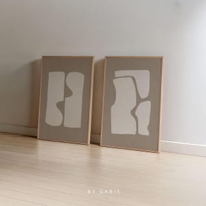 抽象的なベージュ＆ブラウンのアートプリント：スカンジナビアモダンポスター（2枚セット、デジタルダウンロード）
