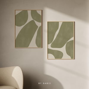 Conjunto de 2 pôsteres abstratos para impressão de parede, modernos, verdes e bege, com estampa orgânica estética, cáqui, verde, arte da moda | Download instantâneo