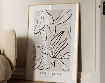 Les Fleurs Printable Wall Art Floral Vintage Exhibition Neutral Black and White Poster Botanical Organic Trendy Print  | Instant Download