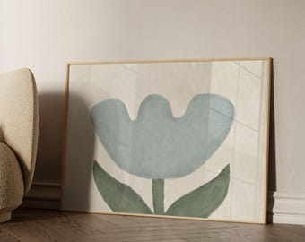 Minimalistischer Tulpendruck | Blau und Beige Abstrakte Blumenwandkunst