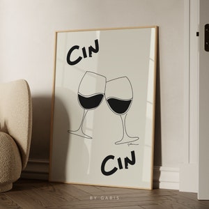 Wine Print Bar Cart Minimalist Wall Art Dinner Retro Drink Poster Black Lines Kitchen Wall Art Cheers Print Cin Cin Poster | By Gabis