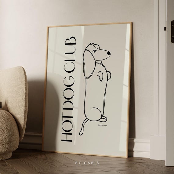 Dachshund Art Print: Fun Hot Dog Club Poster, Black & Beige