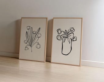 Floral Line Art Prints: Black & White Flower Poster Minimalist Botanical Set (Digital Download)