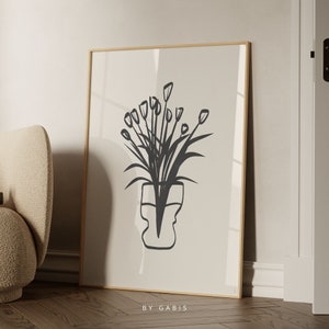 Arte de pared imprimible Les Fleurs, Arte de línea minimalista floral, Jarrón de flores abstractas en negro y beige, Descarga instantánea