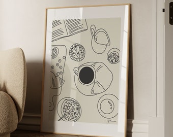 Ontbijtafdruk: koffie, croissant, keukenkunst, lijnkunst etensposter (digitale download)