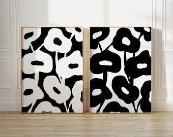 Set of 2 Les Fleurs Printable Wall Art Black and White Floral Prints Modern Aesthetic Exhibition Neutral Flowers | Digital Download