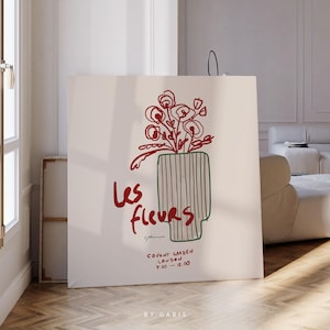 Póster cuadrado mate con arte floral botánico para pared, pintura vintage con flores rojas, jarrón verde moderno, decoración orgánica, póster con estampado beige / Por Gabis