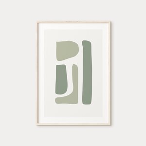 May include: Abstract art print with a framed image of green shapes on a white background.