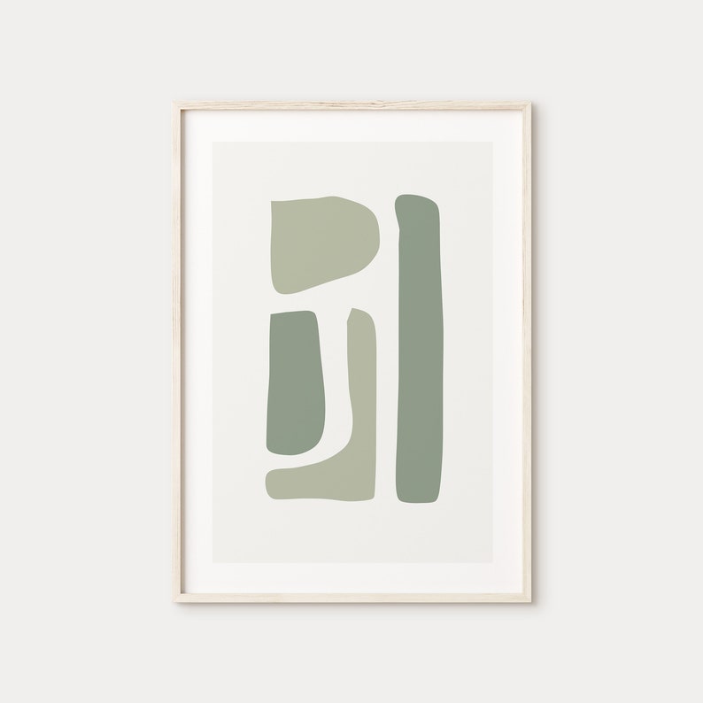 May include: Abstract art print with a framed image of green shapes on a white background.