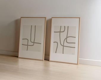 Láminas con líneas abstractas: Arte mural minimalista en tonos beige y marrón (Juego de 2, descarga instantánea)