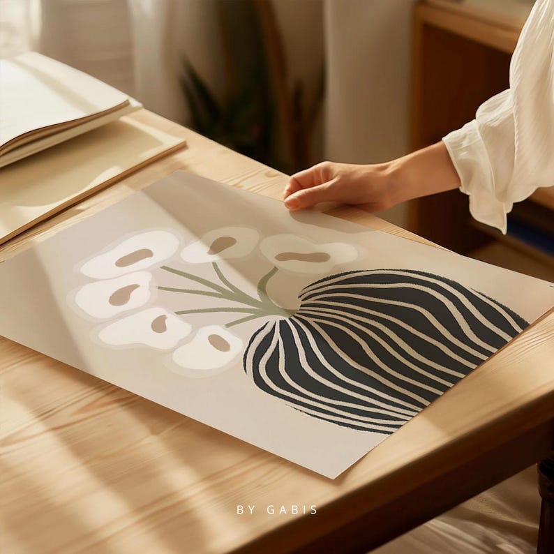 Organic Floral Wall Art Light Beige and White Flowers Artwork Modern