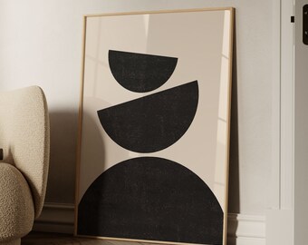 Mid Century Modern Art Print: Black & Beige Geometric Shapes (Instant Download)