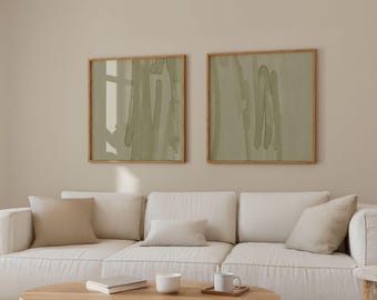 Lámina de arte abstracto en verde caqui / Pósteres cuadrados modernos en acuarela (juego de 2, descarga digital)