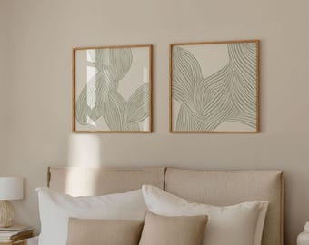 Láminas abstractas de arte lineal en verde salvia / Decoración de pared orgánica moderna (descarga digital)