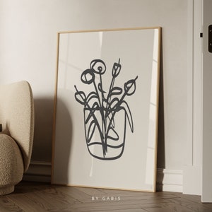 Arte de pared imprimible Les Fleurs, arte floral minimalista lineal, jarrón con flores abstractas en negro y beige / Descarga instantánea