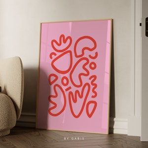 Abstract Art Print: Pink & Red Organic Shapes Poster (Digital Download)