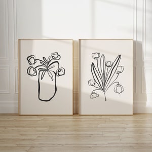 Set of 2 Les Fleurs Printable Wall Art Black and White Floral Prints Modern Aesthetic Exhibition Neutral Flowers Line Art | Digital Download