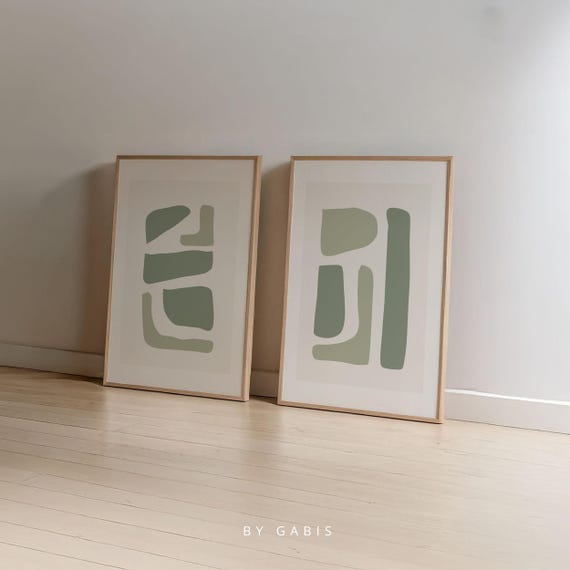 Green Abstract Art Prints: Organic Shapes Minimalist Posters (Set of 2, Instant Download)