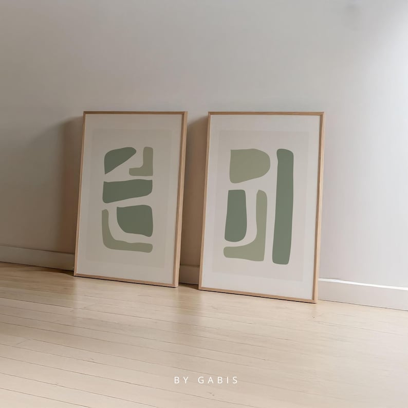 Green Abstract Art Prints: Organic Shapes Minimalist Posters (Set of 2, Instant Download) image 1