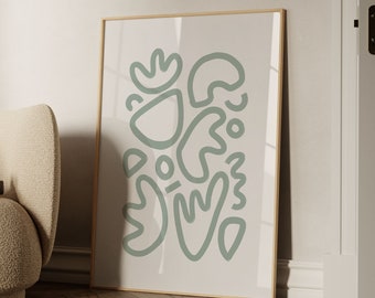 May include: A framed print with a minimalist design featuring abstract shapes in a light green color on a white background. The print has the text "BY GABIS" at the bottom.