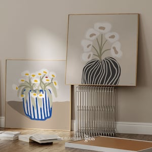 Conjunto de 2 impresiones florales cuadradas, pintura de flores, arte de pared estético, jarrón de plantas, arte moderno imprimible, póster botánico / Descarga instantánea