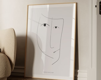 Puede incluir: Un dibujo minimalista de un rostro con una expresión neutra. El dibujo está en negro sobre un fondo gris claro. El texto "EXPOSITION D'ART" y "BY GABIS" están impresos debajo del dibujo.