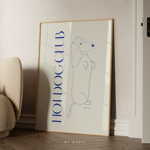 Teckelkunstafdruk: blauw-beige 'Hot Dog Club'-poster