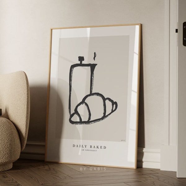Le Croissant Druckbare Wandkunst, moderner Schwarz-Weiß-Kaffee, ästhetischer minimalistischer Druck, Kaffee-French-Press-Poster | Sofortiger Download
