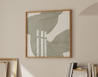 Lámina artística de líneas abstractas en verde salvia: Póster cuadrado moderno (Descarga digital)