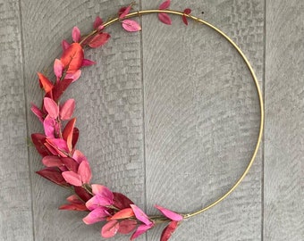 14" Modern Gold Hoop Wreath, Modern Wreath, Minimalist Wreath, Pink Wreath, Metal Hoop Wreath with Pink Leaves, Boho Wreath, Nursery Wreath