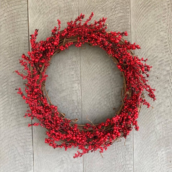 Red Berry Wreath, Rustic Winter Wreath, Winter Wreath, Grapevine Wreath, Front Door Wreath, Farmhouse Wreath