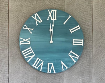 Blue Farmhouse Wall Clock, Blue Wall Clock, Roman Numeral Wall Clock, Large Wall Clock, Beach House Wall Clock, 18 or 20 inch