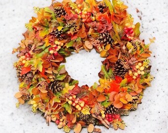 Hand made autumn leaf door wreath. Fall door decor. Artificial faux flowers. Autumn home decor.