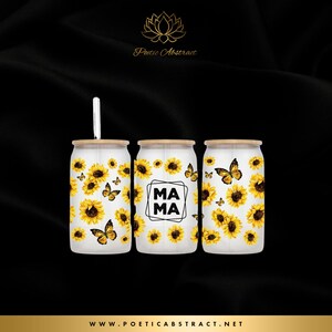 Ma Ma Sunflowers 16oz Libbey Glass Can with Bamboo Lid and Glass Straw