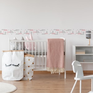 Hasen Tapeten Bordüre für Kinderzimmer in Rosa und Grau | Selbstklebende Bordüre mit Wolken für Mädchen | Tapetenbordüre für Babyzimmer