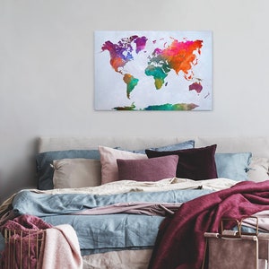 Image de toile carte du monde vert | Image de toile sur cadre de coin | Global Map | Carte du monde blanc | Image de couleur violet | Peinture murale | 90 x 60 cm