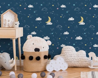 Kinderkamer behang sterrenhemel | Maanbehang met sterren en wolken in donkerblauw | Fleece kinderbehang ideaal voor babykamer