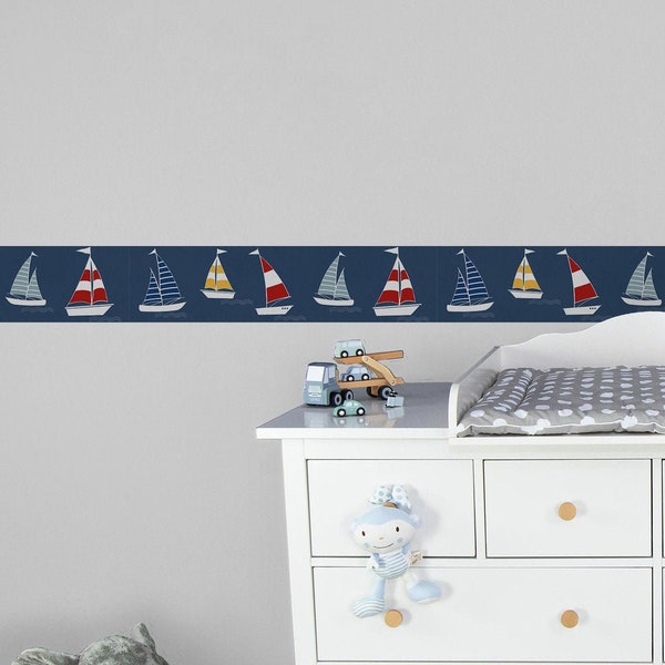 Kinderzimmer Bordüre Blau Rot | Sailor Friends | Segelschiffe Gelb Weiß | Babyzimmer Borte | Jungen-Mädchenzimmer Bordüre