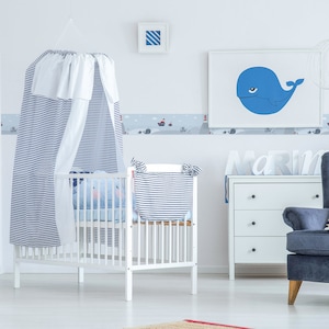 Kinder Tapete mit Walen und Unterwasserwelt | Selbstklebende Kinderzimmer Bordüre in Blau | Bordüre mit Schiff und Leuchtturm für Babyzimmer