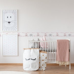 Carta da parati elefante come bordo in rosa e grigio | Bordo carta da parati per baby room autoadesivo | Carta da parati animale ideale per la stanza dei bambini della ragazza