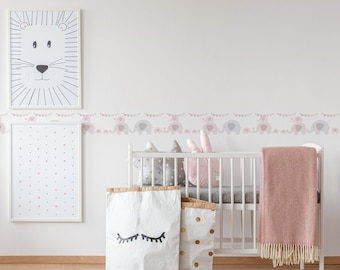 Elefanten Tapete als Bordüre in Rosa und Grau | Babyzimmer Tapetenbordüre selbstklebend | Tier Tapete ideal für das Mädchenzimmer von Babys