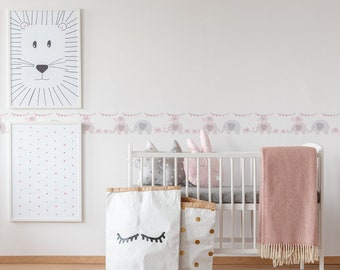 Elephant wallpaper as a border in pink and gray | Baby room wallpaper border self-adhesive | Animal wallpaper ideal for the girl&#39;s room of babies