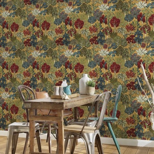 Forest wallpaper in 20s style | Unusual tree wallpaper in mustard yellow and red for dining room and bedroom | Graphic non-woven wallpaper with trees
