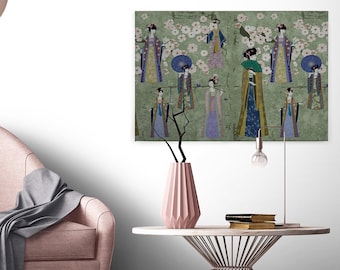 Impression sur toile Japon Bleu | Toile sur civière | Fleur de cerisier vert | Paysage jaune | Murale | Image décorative | 90 cm x 60 cm