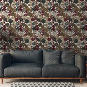 Tree wallpaper in white and gold | Dining room and living room non-woven wallpaper with trees in green and red | Golden Forest Wallpaper 20s Graphic Style