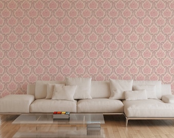 Baroque wallpaper | Fleece wallpaper with ornaments Pink/Pink Cream/Beige | Classic pattern wallpaper living room bedroom | 10.05 x 0.53 m