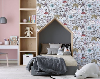 Children's room wallpaper drawn | Fairy tale wallpaper with forest animals and unicorn ideal for girls' rooms | Colorful forest children's wallpaper made of fleece