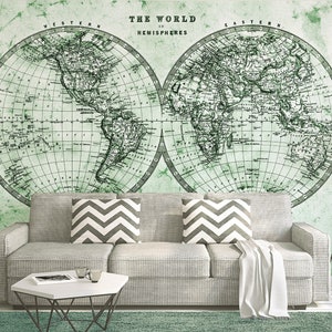 Carte mondiale papier peint vert gris | Hemispheres | Papier peint du salon carte | Papier peint photo avec hémisphère céleste
